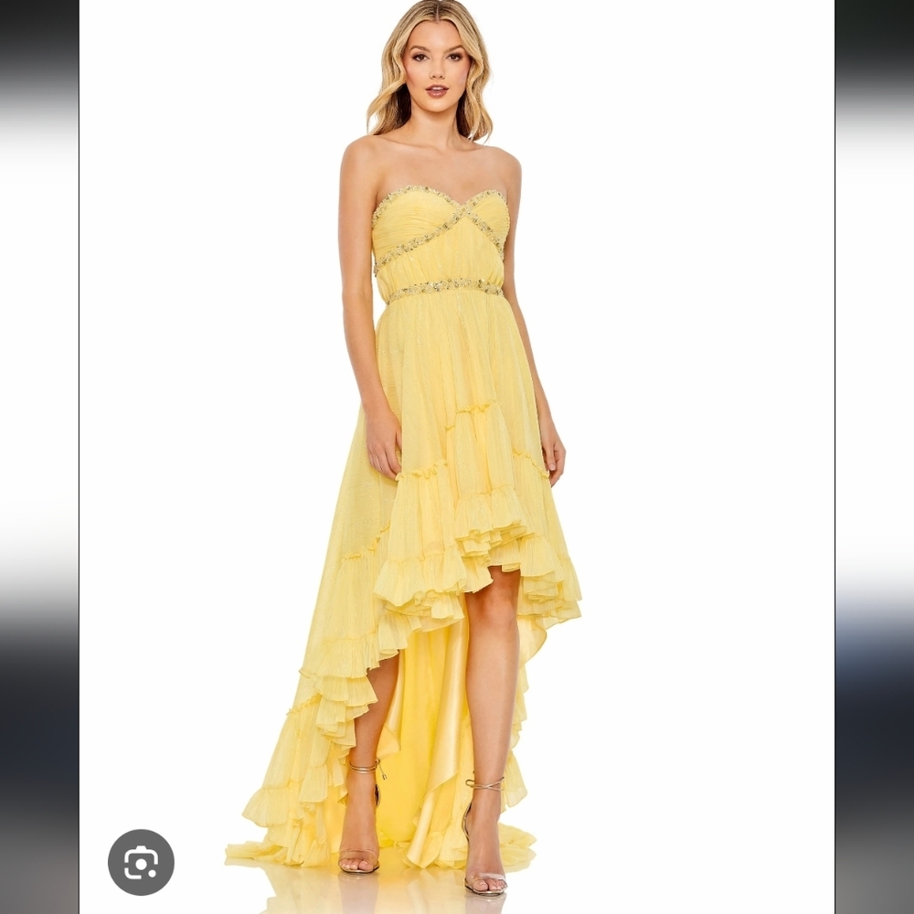 Mac Duggal Yellow Strapless High-Low Dress with Beaded Trim Chiffon Ruffle Prom